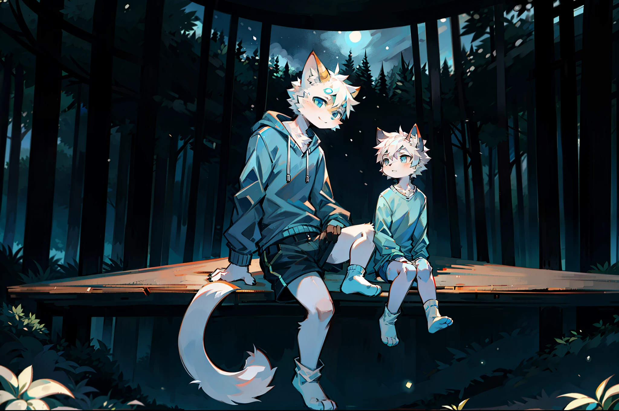 furry, cat boy,(White hair),(Dark gray skin),blue eyes,Sitting in the forest at night,((Wear short white socks)),Light blue pajamas and shorts,The only person,high quality