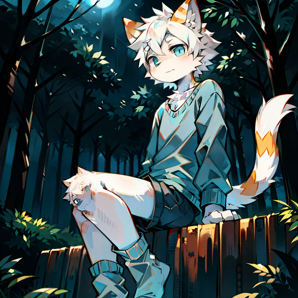 furry, cat boy,(White hair),(Dark gray skin),blue eyes,Sitting in the forest at night,((Wear short white socks)),Light blue pajamas and shorts,The only person,high quality