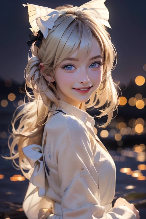 (extremely delicate and beautiful:1.2),1girl,blonde, bangs, blue eyes, blurry, blurry background, bow, white hair, closed mouth, from side, hair between eyes, hair bow, lantern, light particles, long sleeves, looking at viewer, medium hair, night, red bow, solo, star \(symbol\), upper body,smile,red lips