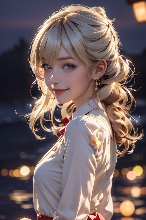 (extremely delicate and beautiful:1.2),1girl,blonde, bangs, blue eyes, blurry, blurry background, bow, white hair, closed mouth, from side, hair between eyes, hair bow, lantern, light particles, long sleeves, looking at viewer, medium hair, night, red bow, solo, star \(symbol\), upper body,smile,red lips