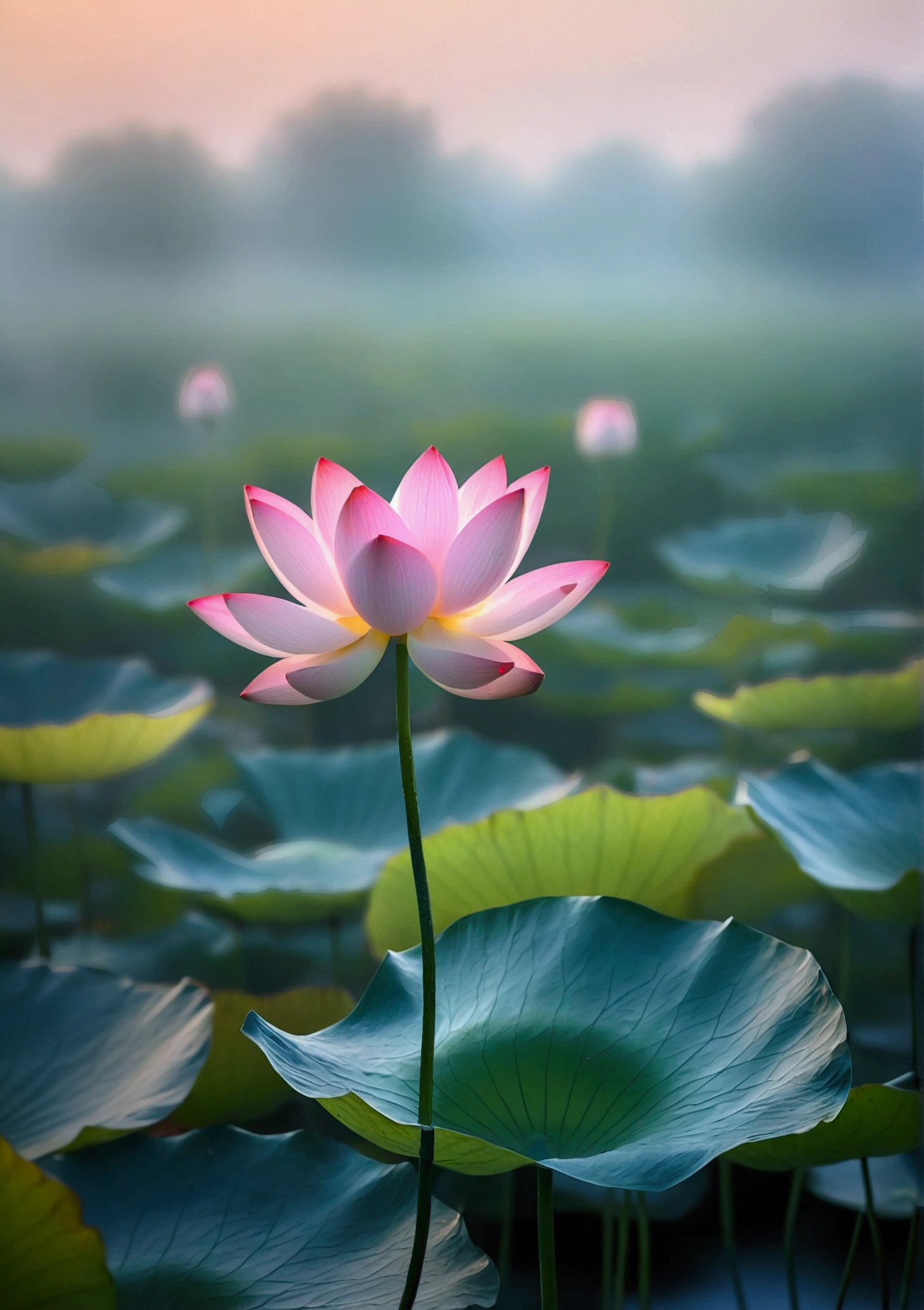 A very beautiful little lotus close-up，Background is sunset and fog，Background blur，Real photography,Fresh and natural picture，best quality, high resolution
