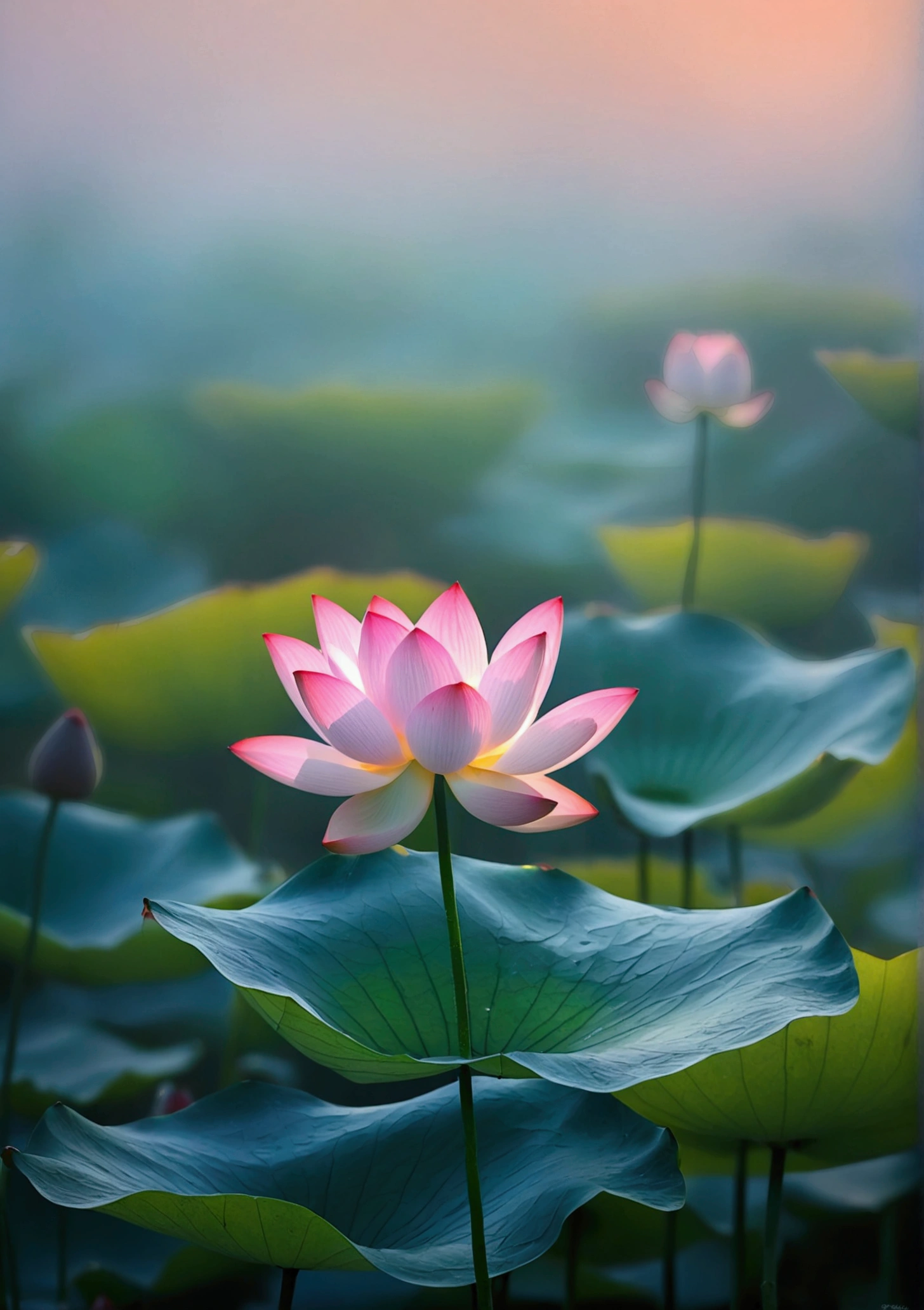 A very beautiful little lotus close-up，Background is sunset and fog，Background blur，Real photography,Fresh and natural picture，best quality, high resolution
