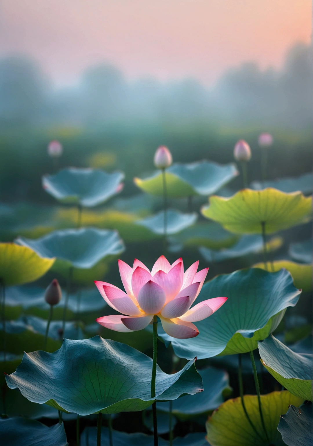 A very beautiful little lotus close-up，Background is sunset and fog，Background blur，Real photography,Fresh and natural picture，best quality, high resolution
