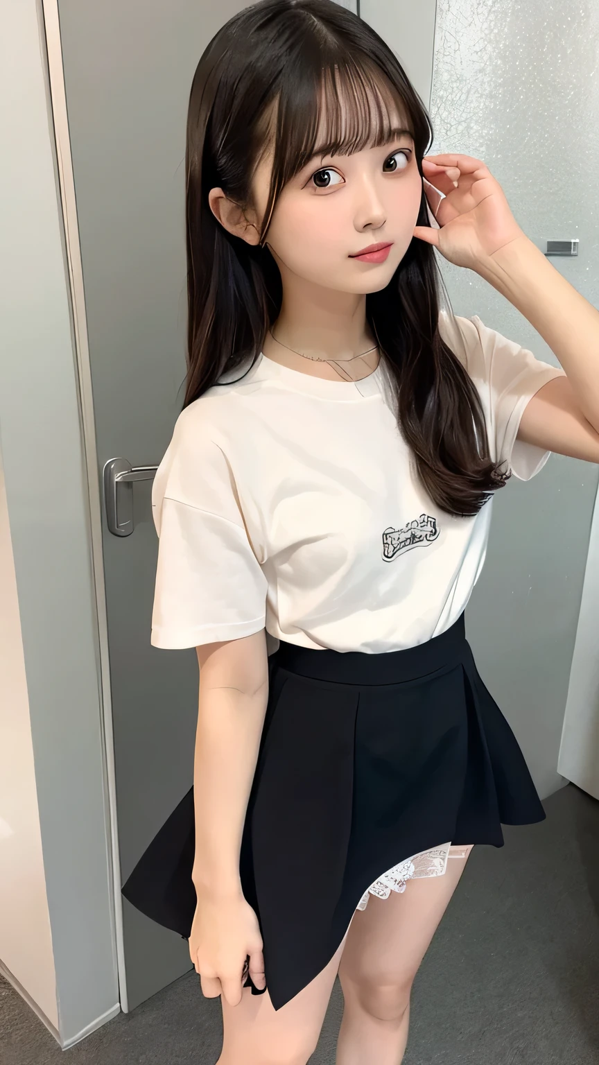 Highest quality,One Girl in, skirt, One Girl, underwear, , panties, プリーツskirt, Black Hair, Hip, Lifting clothes, The eyes are brown, 青いskirt, pure gaze, 白のshirt, shirt, Long Hair, Short sleeve, , ミニskirt, I lifted it myself, Open your mouth, Shadow, チェック柄skirt, blush