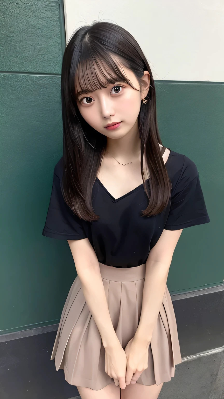 Highest quality,One Girl in, skirt, One Girl, underwear, , panties, プリーツskirt, Black Hair, Hip, Lifting clothes, The eyes are brown, 青いskirt, pure gaze, 白のshirt, shirt, Long Hair, Short sleeve, , ミニskirt, I lifted it myself, Open your mouth, Shadow, チェック柄skirt, blush