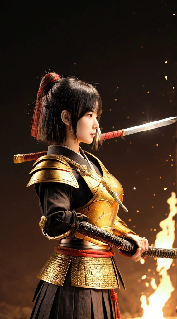 Highest quality、High resolution、Very detailed、Detailed Background、Beautiful 27 year old woman、Warrior、dragon tattoo on arm、Japanese swordMeiji Masamune、(Blade length: 2 feet 4 inches、Handle length: 25cm、This part is woven with red and black threads...、The swallow is golden)、Japanese sword、Sharp eyes、enemy'Blood is flowing to my cheeks、In the woods、Armor and helmet from the Sengoku period in Japan、(Takeda Shingen)(Red and gold armor)、blonde、short hair、Realistic Face、Swing your sword down、Delicate eyes、Laugh a little、Like a fight scene in a live-action movie、More realistic battle scenes、On the cheeks、enemyWarriorの返り血、Burning castle in the background、Sparks fly、Japanese sword(Meiji Masamune)Hold with both hands、Sword Drawing Technique(Japanese sword、Muramasa Sword)、鎧を着たWarrior、