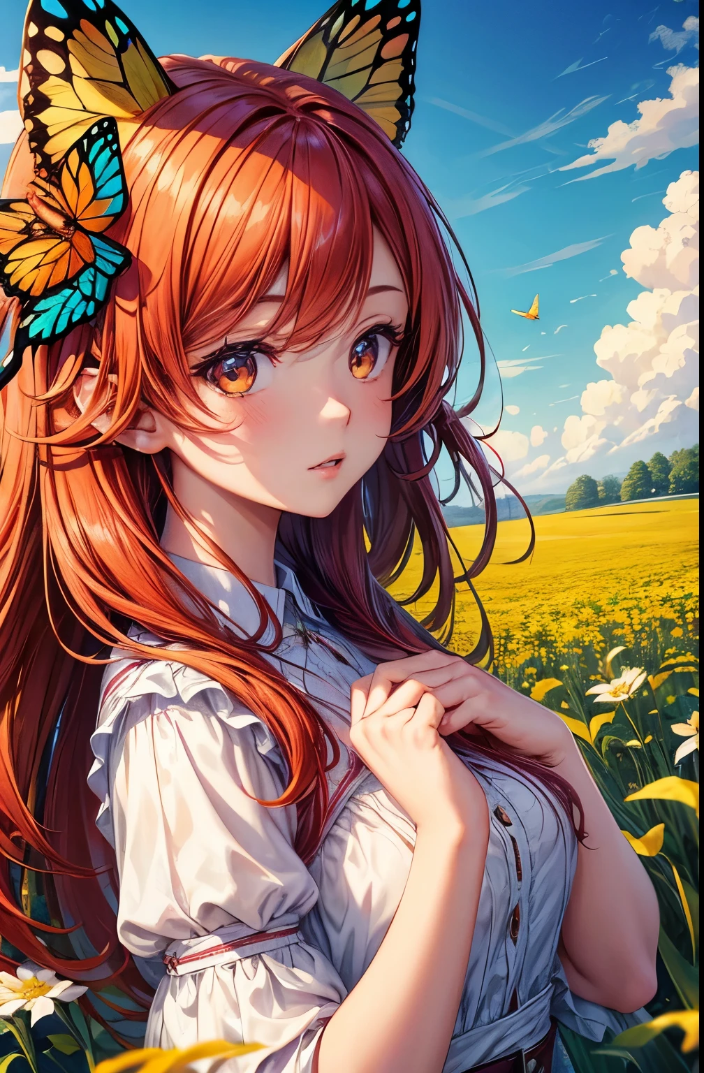 Girl 1,flowers,field,soft tones,A Bright Personality,ultra detail,fiery hair color,bright eyes,Looks at the Sky,Around the Butterfly,animals,Good,Pleasant atmosphere,high quality,scale,wallpaper,4k