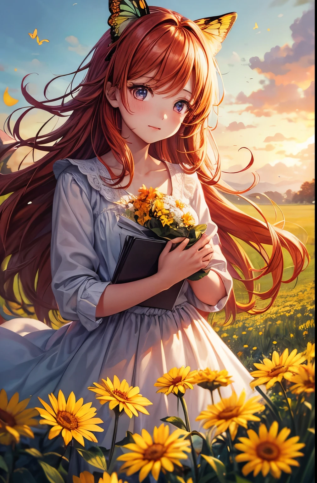 Girl 1,flowers,field,soft tones,A Bright Personality,ultra detail,fiery hair color,bright eyes,Looks at the Sky,Around the Butterfly,animals,Good,Pleasant atmosphere,high quality,scale,wallpaper,4k
