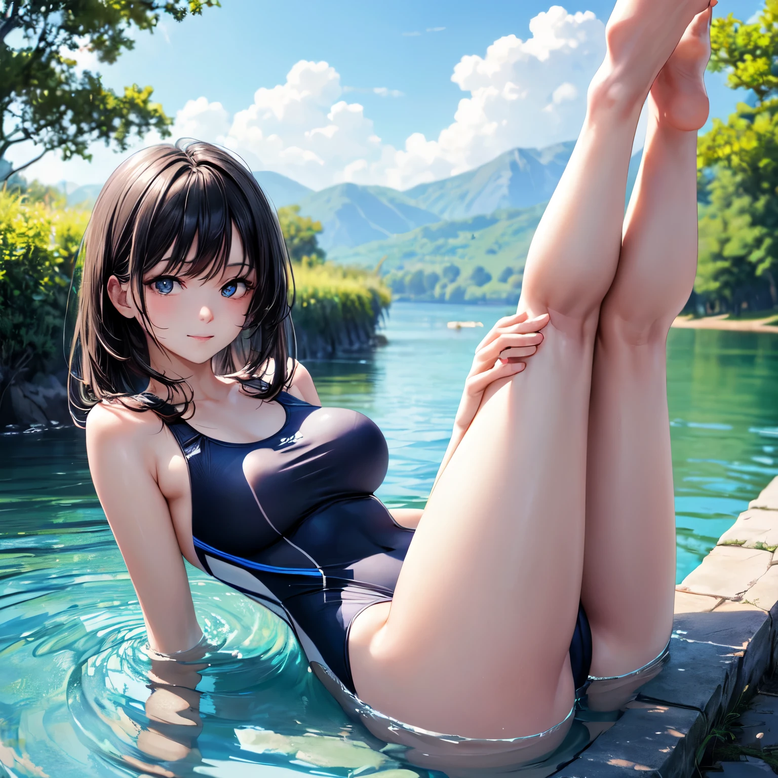 (((4K,masterpiece,best quality,ultra detailed,high resolution))),(daytime,clear weather,front light),((solo)),(beautiful woman),teenage,(black hair),(beautiful detailed face,beautiful detailed eyes),(finely detailed skin,fair skin),light smile,(one-piece competition swimsuit),(in the beautiful lake),(medium breast,medium hip),(lie on back,spread legs,legs up high),((hold knees))