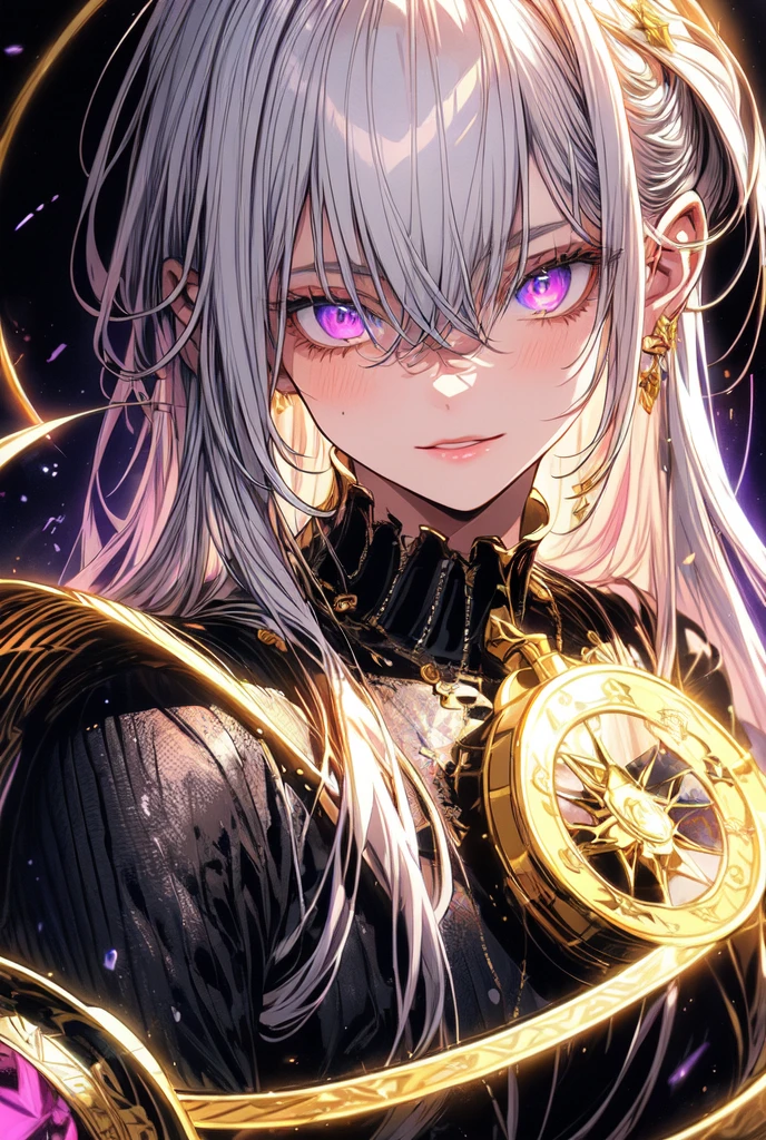 (masterpiece, best quality, ultra-detailed, best shadow), (detailed background,dark fantasy), (handsome detailed face), high contrast, (best illumination, an extremely delicate and beautiful), ((cinematic light)), colorful, hyper detail, dramatic light, intricate details, (1male, solo,white hair, sharp face,purple eyes, hair between eyes,dynamic angle), blood splatter, swirling black light around the character, depth of field,black light particles,(broken glass),magic circle,