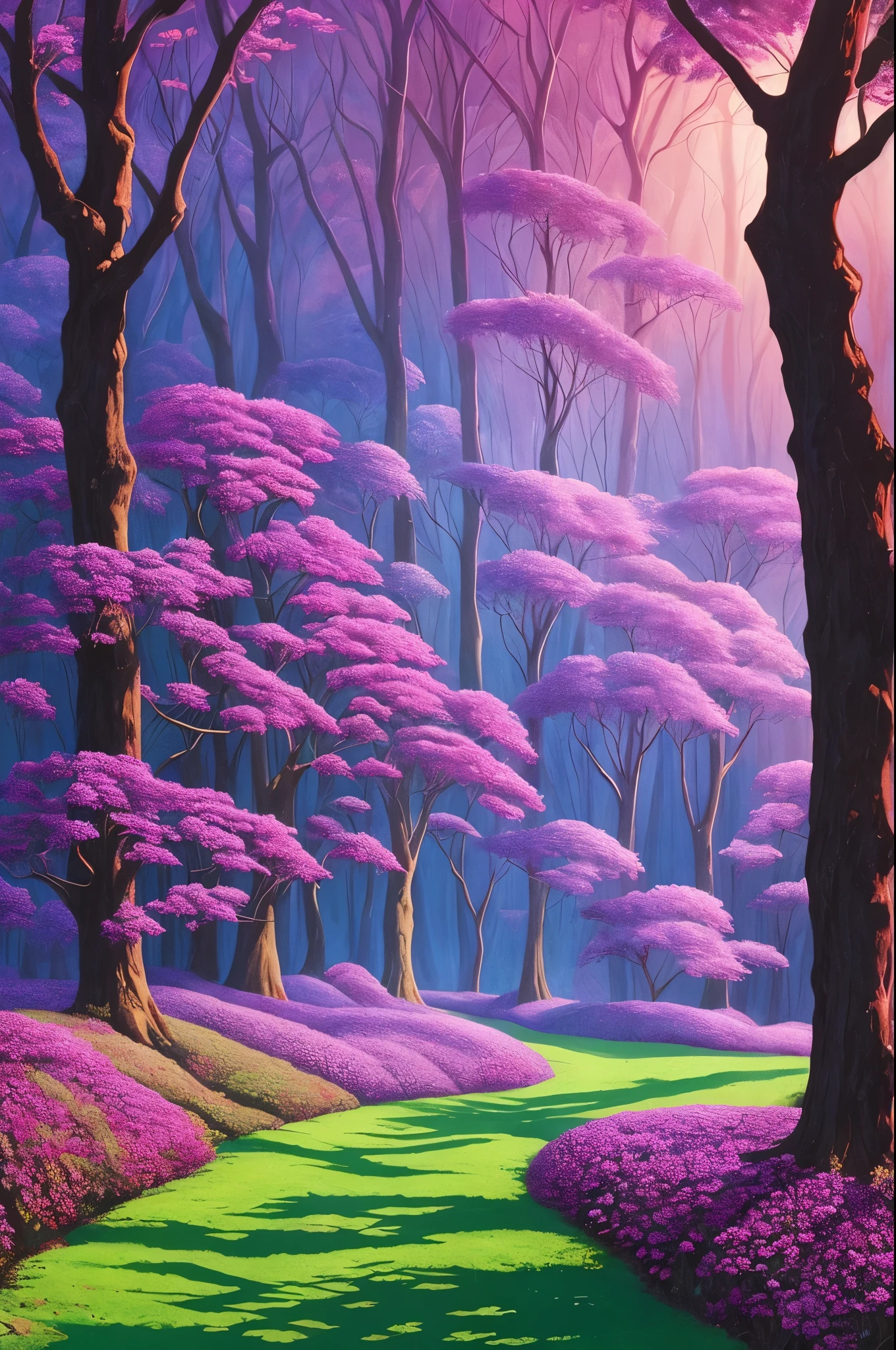 painting of a path in a forest with purple flowers, a digital rendering inspired by Maxfield Parrish, flickr, psychedelic art, glowing forest, beautiful lush colors, forest colors, dark neon colored rainforest, magical colors and atmosphere, magical colours and atmosphere, really beautiful forest, magical forest, magical forest in the background, incredible colors, bioluminescent forest floor