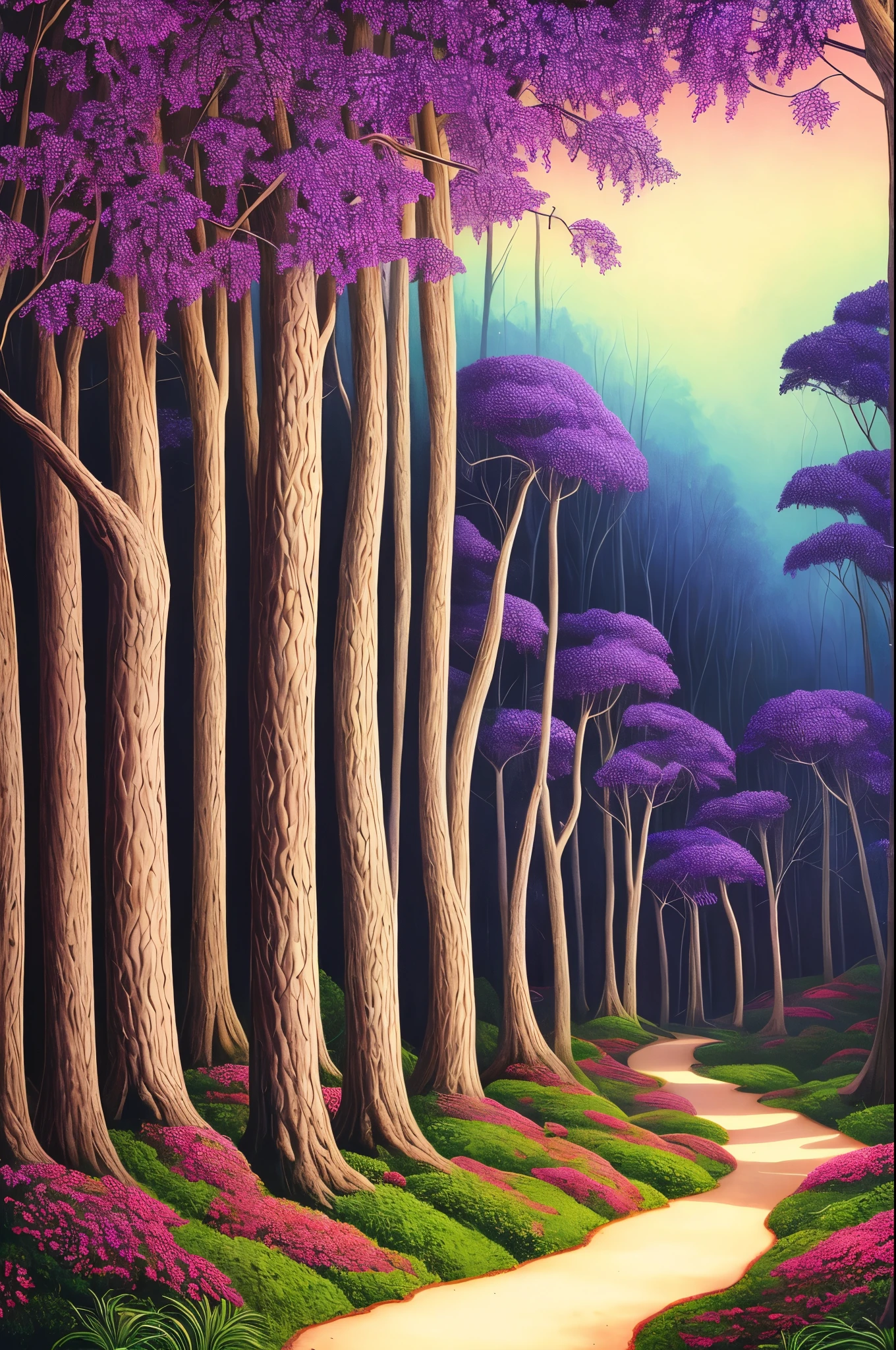 painting of a path in a forest with purple flowers, a digital rendering inspired by Maxfield Parrish, flickr, psychedelic art, glowing forest, beautiful lush colors, forest colors, dark neon colored rainforest, magical colors and atmosphere, magical colours and atmosphere, really beautiful forest, magical forest, magical forest in the background, incredible colors, bioluminescent forest floor