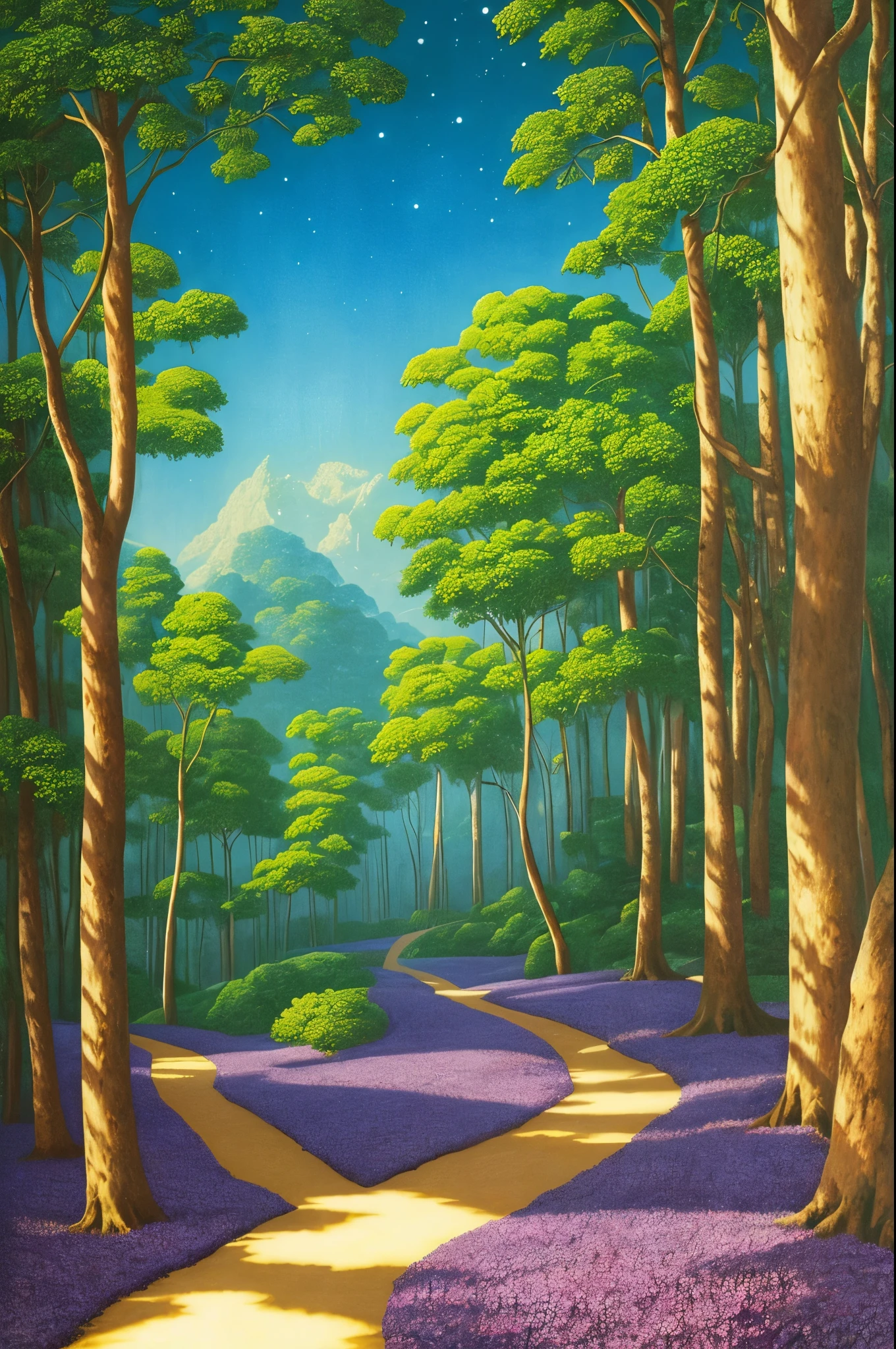 painting of a path in a forest with purple flowers, a digital rendering inspired by Maxfield Parrish, flickr, psychedelic art, glowing forest, beautiful lush colors, forest colors, dark neon colored rainforest, magical colors and atmosphere, magical colours and atmosphere, really beautiful forest, magical forest, magical forest in the background, incredible colors, bioluminescent forest floor