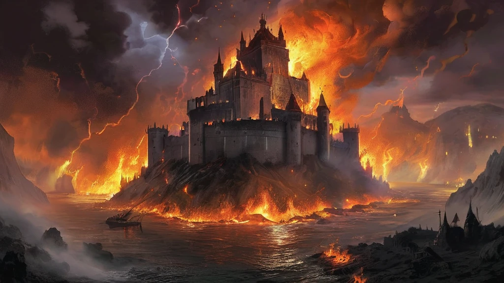 A dramatic scene unfolds as a grand medieval castle burns fiercely under a stormy, twilight sky. Flames rage across the castle's turrets and stone walls, casting a hellish glow over the landscape. Dark, thick smoke billows into the sky, obscuring the stars and turning the night into a chaotic swirl of reds and blacks. Figures in shadowy, medieval garb scramble in panic amidst the inferno, their faces illuminated by the flickering light of the fire. The castle's once-stately banners are engulfed in flames, and the remnants of its imposing battlements crumble under the intense heat. The surrounding landscape is dotted with fallen debris and smoldering ruins. The sky crackles with distant lightning, casting brief, stark illumination across the scene and adding to the overall sense of desolation and dread. The atmosphere is charged with a palpable sense of despair and destruction, capturing the catastrophic impact of the inferno on both the castle and its inhabitants."