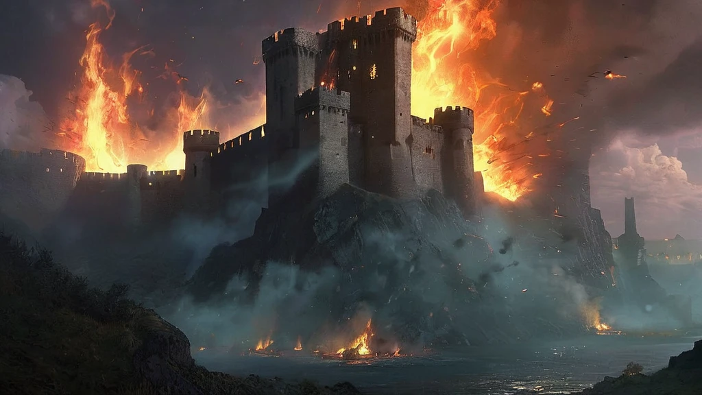 A dramatic scene unfolds as a grand medieval castle burns fiercely under a stormy, twilight sky. Flames rage across the castle's turrets and stone walls, casting a hellish glow over the landscape. Dark, thick smoke billows into the sky, obscuring the stars and turning the night into a chaotic swirl of reds and blacks. Figures in shadowy, medieval garb scramble in panic amidst the inferno, their faces illuminated by the flickering light of the fire. The castle's once-stately banners are engulfed in flames, and the remnants of its imposing battlements crumble under the intense heat. The surrounding landscape is dotted with fallen debris and smoldering ruins. The sky crackles with distant lightning, casting brief, stark illumination across the scene and adding to the overall sense of desolation and dread. The atmosphere is charged with a palpable sense of despair and destruction, capturing the catastrophic impact of the inferno on both the castle and its inhabitants."