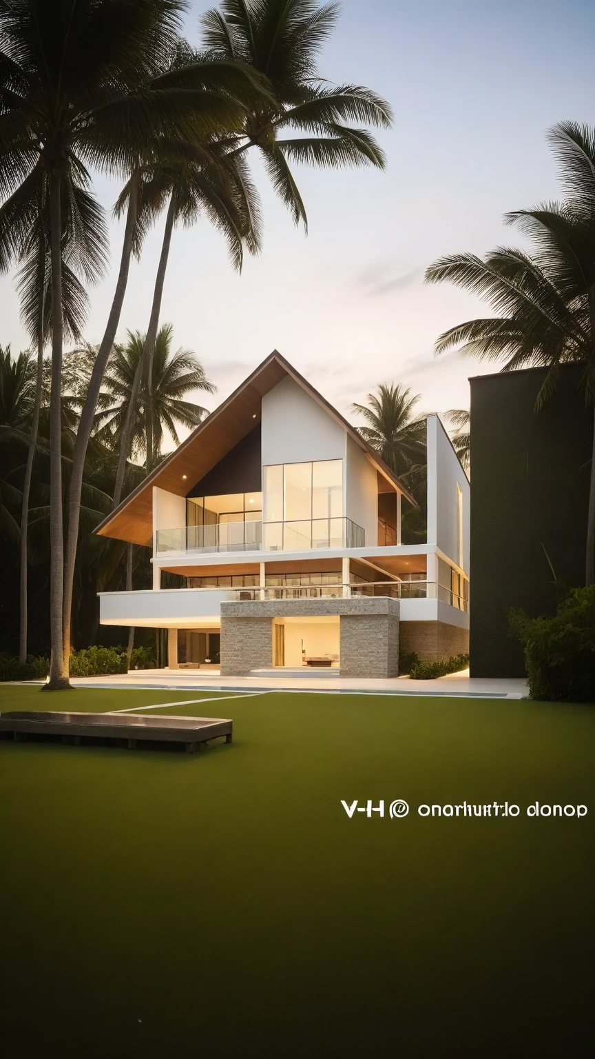 modern luxury villa, coconut trees, greenery landscape, along the white beach, clear sky, sunrise time, warm lighting RAW Photo, RAW texture, Super Realistic, 32K UHD, DSLR, soft lighting, high quality, film rating, Fujifilm XT3