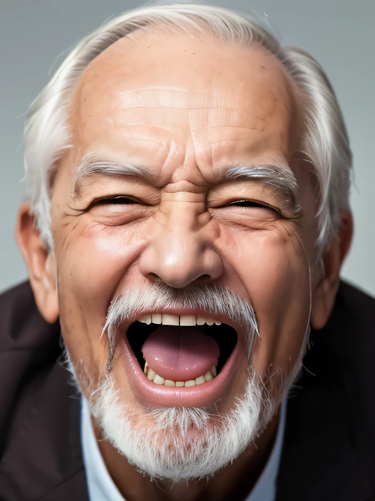 Old man with his mouth wide open, Showing teeth, no smile, photograph, high quality
