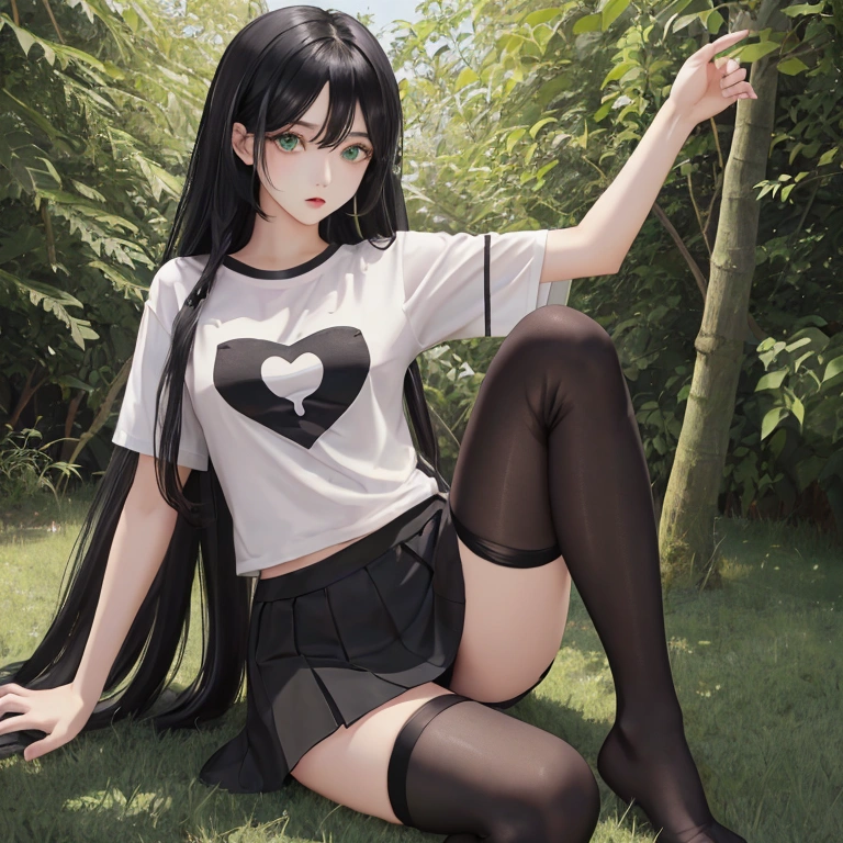 Black hair, green eyes、long hair、T-Shirts、Ultra mini skirt、Girl in black thigh-high stockings