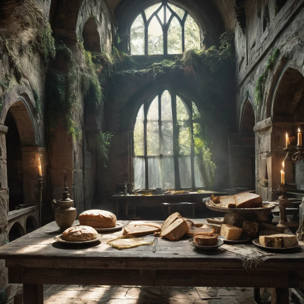 On an old, weathered wooden table in a dimly lit, abandoned jungle medieval hall, a few loaves of rustic bread. The bread is crusty, with a rough, darkened exterior and a hearty, crumbly interior, giving an impression of long storage. Beside the bread, there are chunks of dried meat, a wheel of aged cheese, and a few tarnished goblets, their contents long gone. The table’s surface is covered in a fine layer of dust, and cobwebs drape from the corners of the high, arched windows, hinting at years of neglect. Shadows from the flickering torchlight dance on the stone walls, revealing faded tapestries and old banners that once adorned the grand hall. The atmosphere is heavy with an eerie silence, accentuated by the occasional distant sound of dripping water and the soft rustle of rats in the darkened corners, creating a haunting and desolate ambiance.
