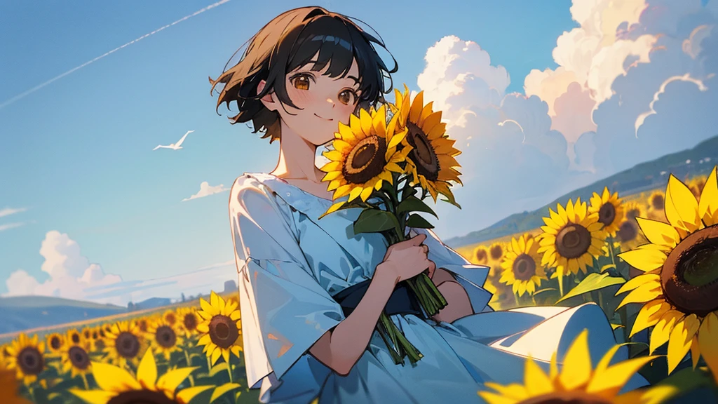 master piece, best quality, for below, cinematic angle, upper body , pigeon toed,
Anime-style Moe illustration, summer vacation theme, 20-year-old 4womans holding a bouquet of sunflowers, short hair, summer dress, slightly inner thighs, smile, accurate drawing