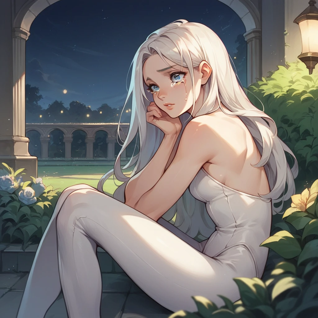 anime, masterpiece, high quality, 1girl, garden, night, nighlights, white long hair, blue eyes side view, lips, tears, white leotard, bare shoulder, cleavege, sitting
