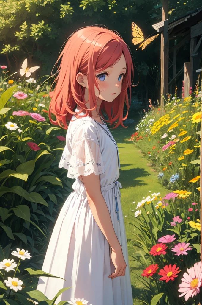 Girl 1,flowers,field,soft tones,A Bright Personality,ultra detail,fiery hair color,bright eyes,Looks at the Sky,Around the Butterfly,animals,Good,Pleasant atmosphere,high quality,scale,wallpaper,4k