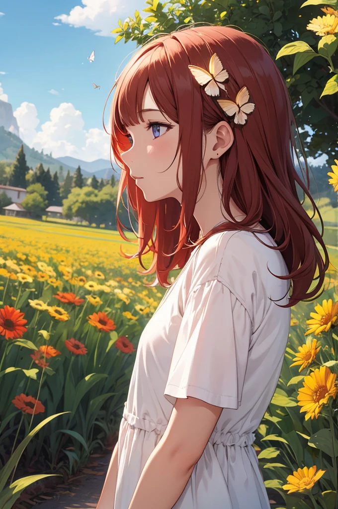 Girl 1,flowers,field,soft tones,A Bright Personality,ultra detail,fiery hair color,bright eyes,Looks at the Sky,Around the Butterfly,animals,Good,Pleasant atmosphere,high quality,scale,wallpaper,4k