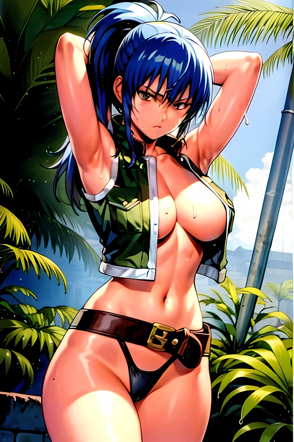 masterpiece, best quality, anime 1990s \(style\, leona heidern, no bra, fully open vest, thong ,jungle, pony tail, wet, serious, gloves, , sleeveless, belt, touching hair, dirty.