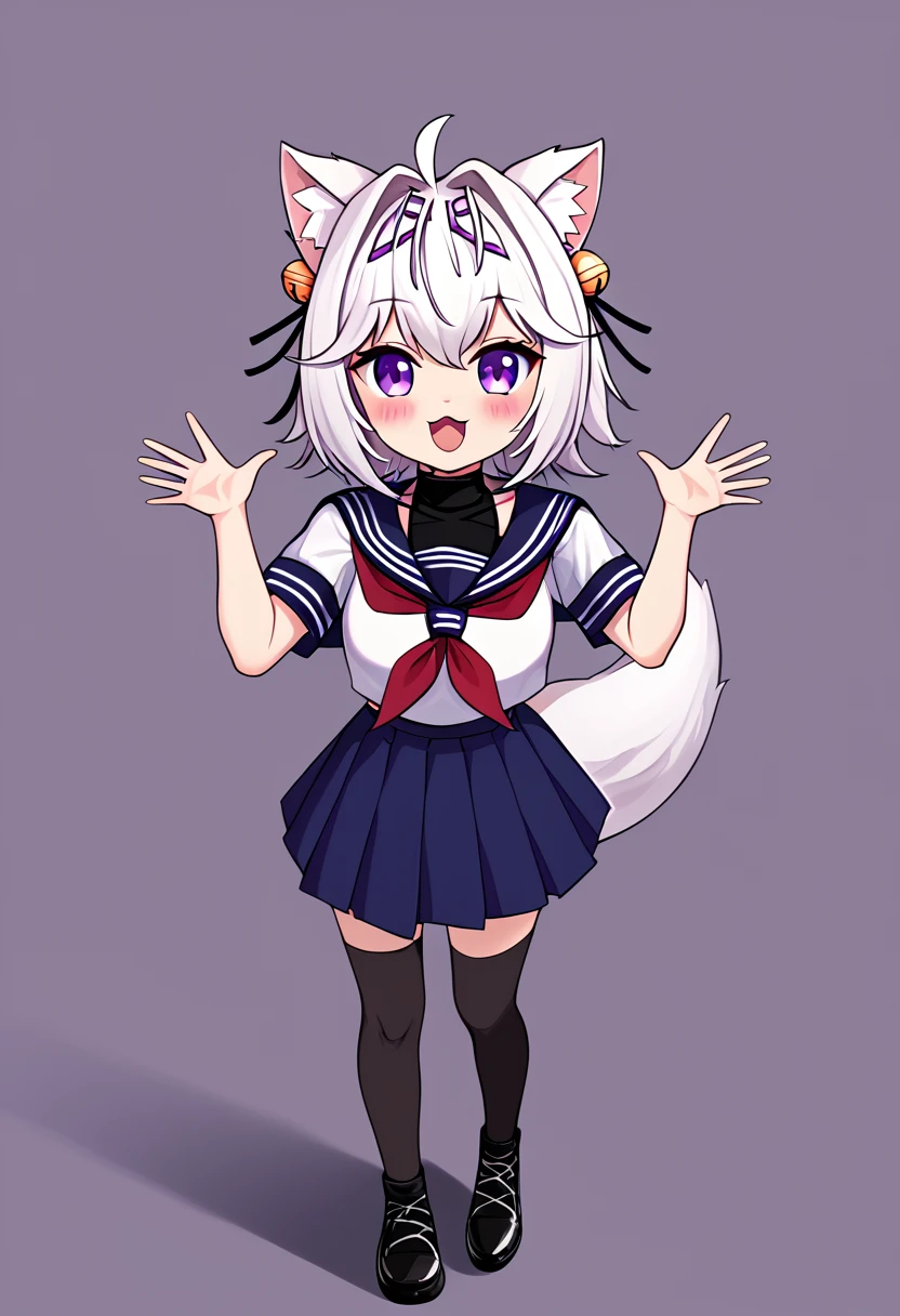master piece, best quality, ultra-detailed, illustration, 1girl, solo, chibi, (big head), cute pose, front view, looking at viewer. Filiansailor, ((purple hairclip)), hair bell white hair, short hair, cat ears, ahoge, purple eyes, blush, laughing, fluffy tail, serafuku, black turtleneck, short sleeve, red neckerchief, blue skirt, black stockings, black shoes, nendoroid, ((simple background)),