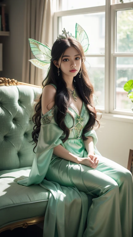 4K, Ultra HD, masterpiece, 1 girl, Front body, Good face, Very long hair, ((White skin)), Fairy tale costume, Green Clothing, Umbilical cord, Fuji Color, window, Depth of Field, Ray Tracing, Hyper-realistic details, sit,