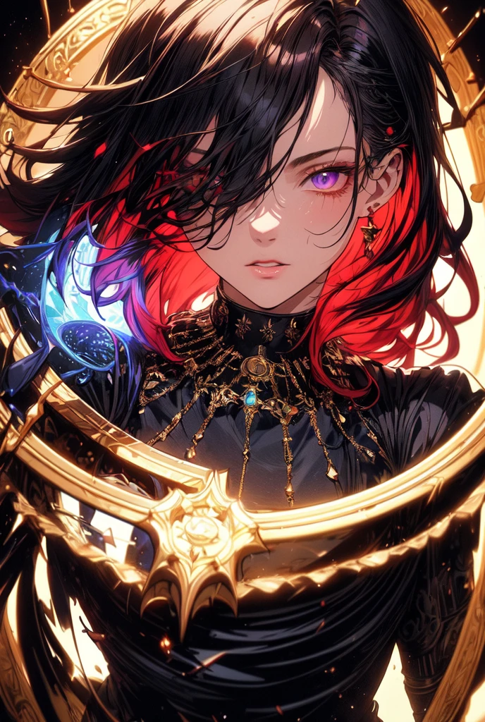 (masterpiece, best quality, ultra-detailed, best shadow), (detailed background,dark fantasy), (handsome detailed face), high contrast, (best illumination, an extremely delicate and beautiful), ((cinematic light)), colorful, hyper detail, dramatic light, intricate details, (1male, solo,red hair, sharp face,purple eyes, hair between eyes,dynamic angle), blood splatter, swirling black light around the character, depth of field,black light particles,(broken glass),magic circle,