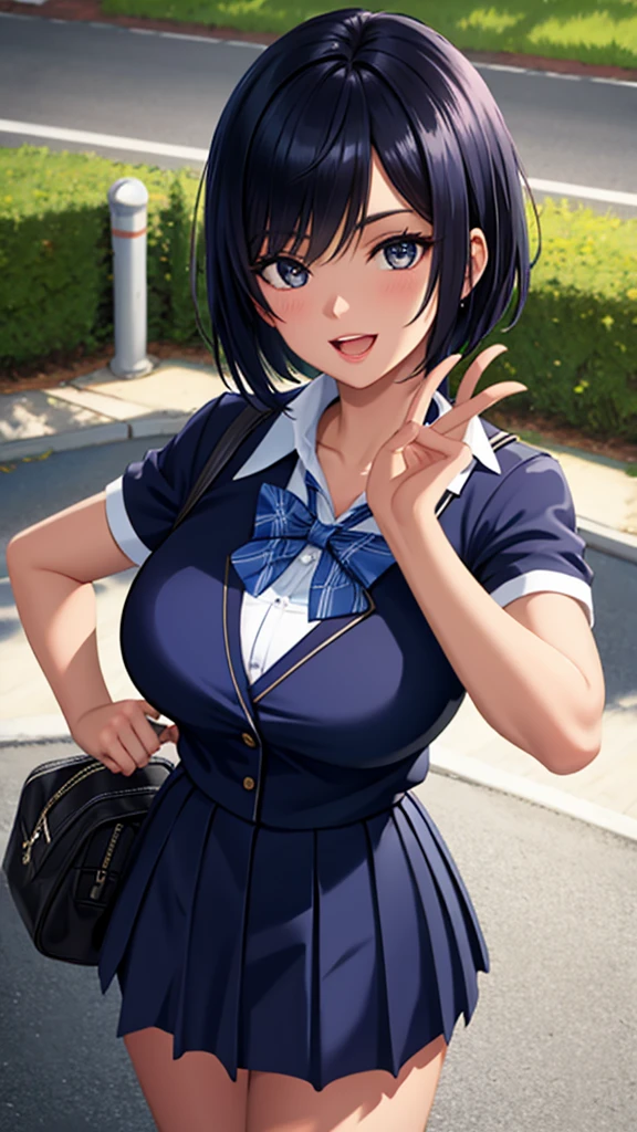 (masterpiece, best quality, ultra detailed, eye focus:1.4), 1lady, athletic female, abs body, (Black Hair, Pixie Cut, breasts, gigantic breasts, black eyes, four fingers and one thumb), (school uniform:1.3), (Sunburn, Sunburnlines, Dark Skin:0.8), (ultra-detailed face, beautiful detailed eyes, happy, open mouth, shiny hair, shiny skin, super detailed skin, oily skin), (glowing, eye-level shot from front, from above, looking at viewer:1.4),