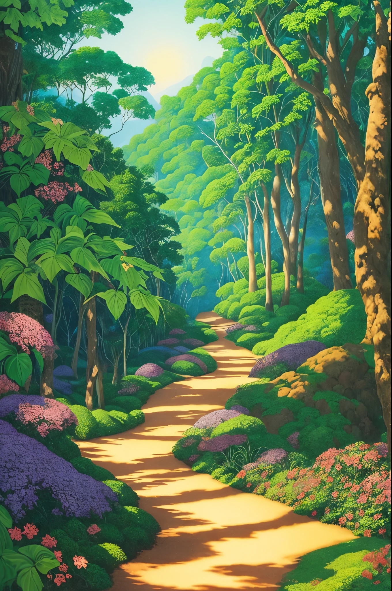 painting of a path in a forest with purple flowers, a digital rendering inspired by Maxfield Parrish, flickr, psychedelic art, glowing forest, beautiful lush colors, forest colors, dark neon colored rainforest, magical colors and atmosphere, magical colours and atmosphere, really beautiful forest, magical forest, magical forest in the background, incredible colors, bioluminescent forest floor
