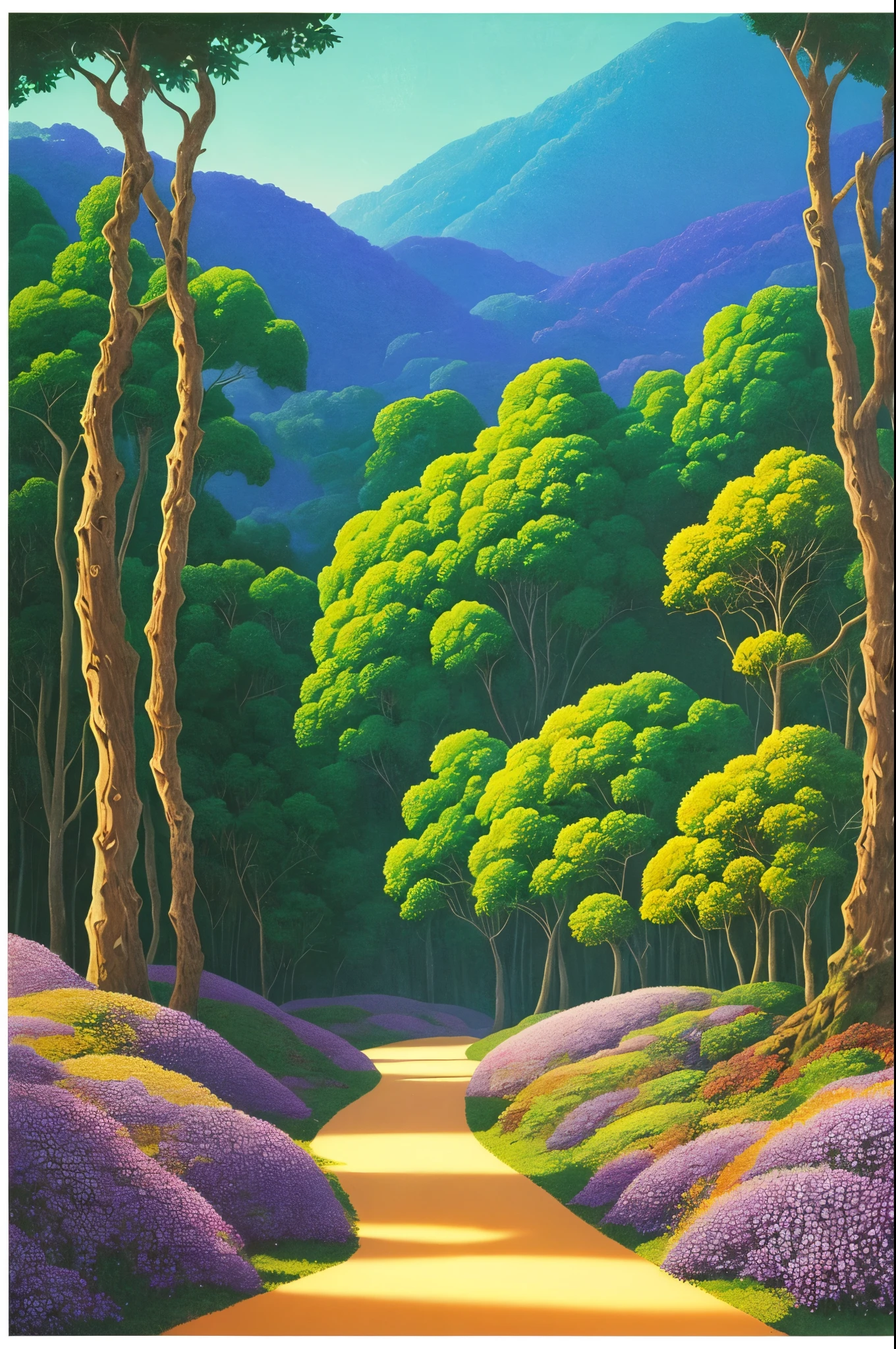 painting of a path in a forest with purple flowers, a digital rendering inspired by Maxfield Parrish, flickr, psychedelic art, glowing forest, beautiful lush colors, forest colors, dark neon colored rainforest, magical colors and atmosphere, magical colours and atmosphere, really beautiful forest, magical forest, magical forest in the background, incredible colors, bioluminescent forest floor