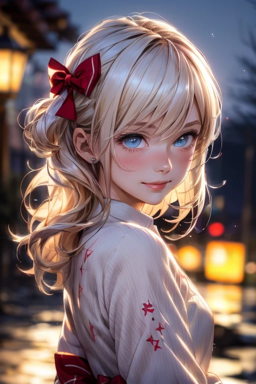 (extremely delicate and beautiful:1.2),1girl,blonde, bangs, blue eyes, blurry, blurry background, bow, white hair, closed mouth, from side, hair between eyes, hair bow, lantern, light particles, long sleeves, looking at viewer, medium hair, night, red bow, solo, star \(symbol\), upper body,smile,red lips