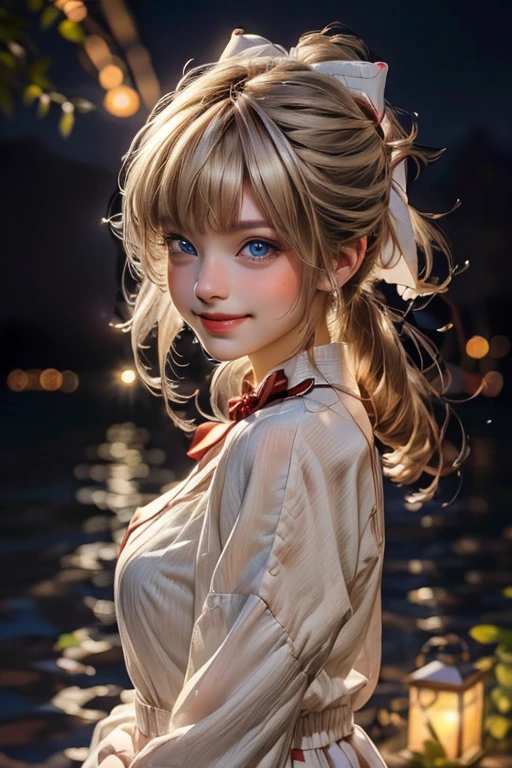 (extremely delicate and beautiful:1.2),1girl,blonde, bangs, blue eyes, blurry, blurry background, bow, white hair, closed mouth, from side, hair between eyes, hair bow, lantern, light particles, long sleeves, looking at viewer, medium hair, night, red bow, solo, star \(symbol\), upper body,smile,red lips