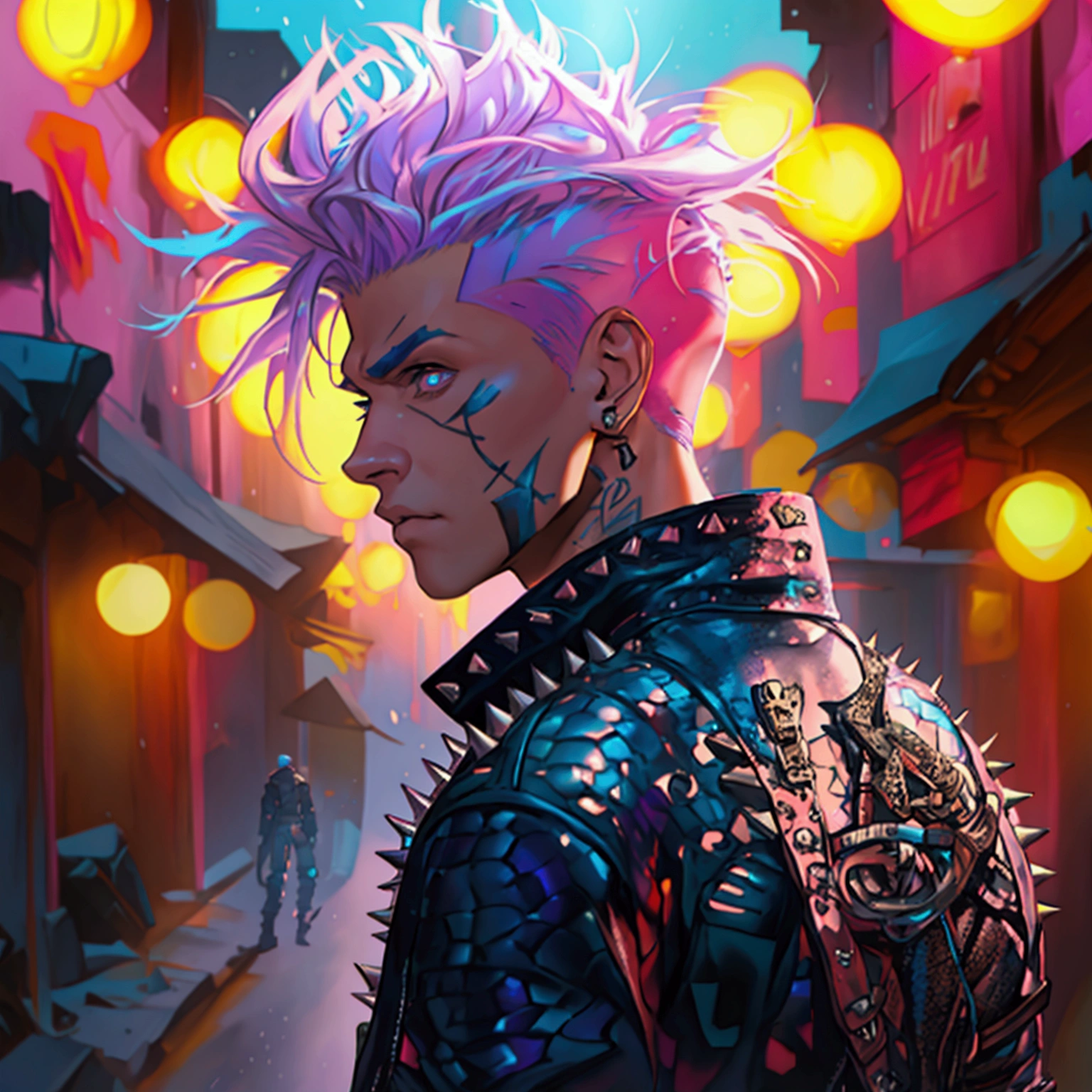 a young male with a pink and blue colored undercut, punk leather jacket with metal spikes, fingerless gloves, purple snakeskin pants, cowboy boots, detailed facial features, cinematic lighting, dramatic atmosphere, hyper-realistic, award-winning concept art, digital painting, 8k, HDR