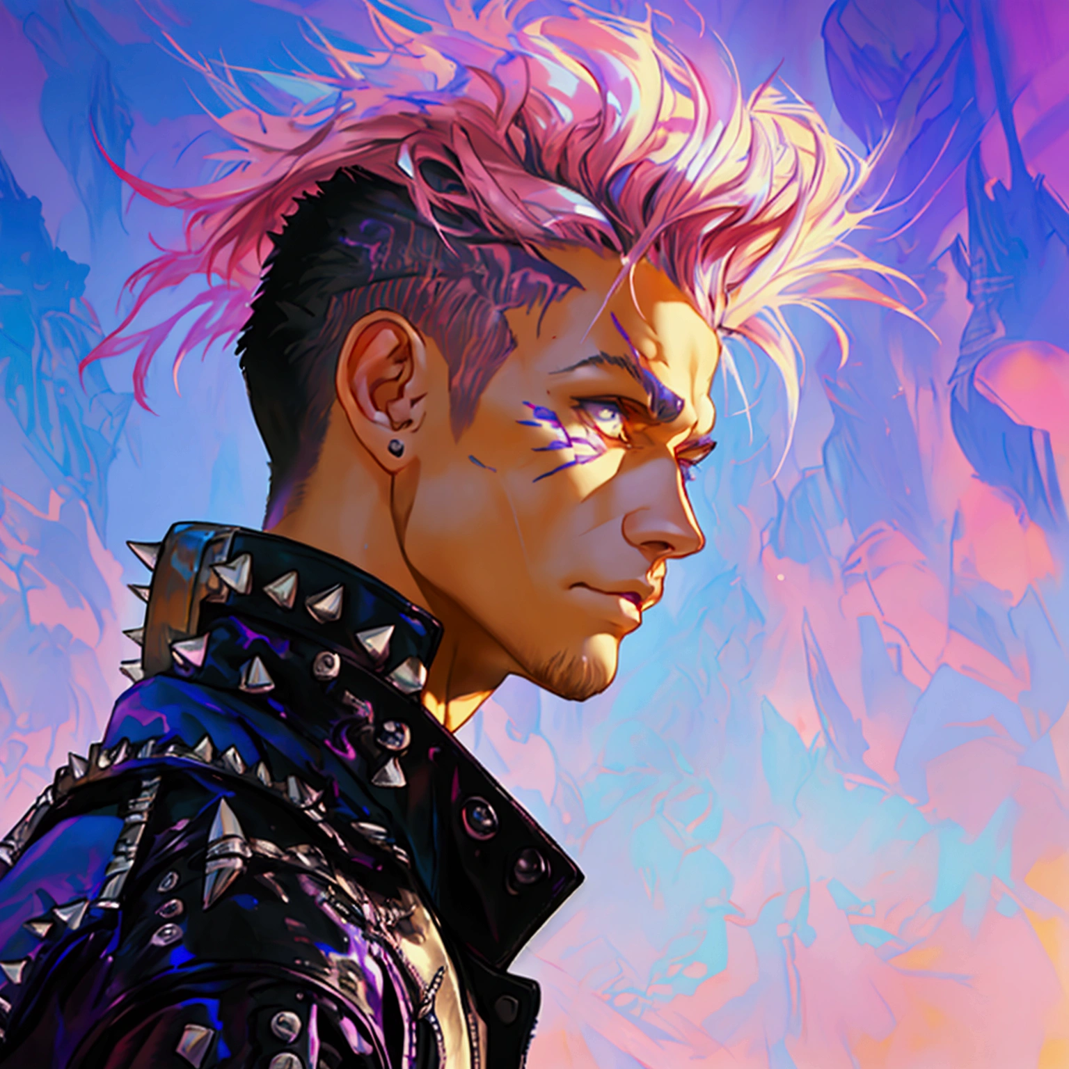 a young male with a pink and blue colored undercut, punk leather jacket with metal spikes, fingerless gloves, purple snakeskin pants, cowboy boots, detailed facial features, cinematic lighting, dramatic atmosphere, hyper-realistic, award-winning concept art, digital painting, 8k, HDR