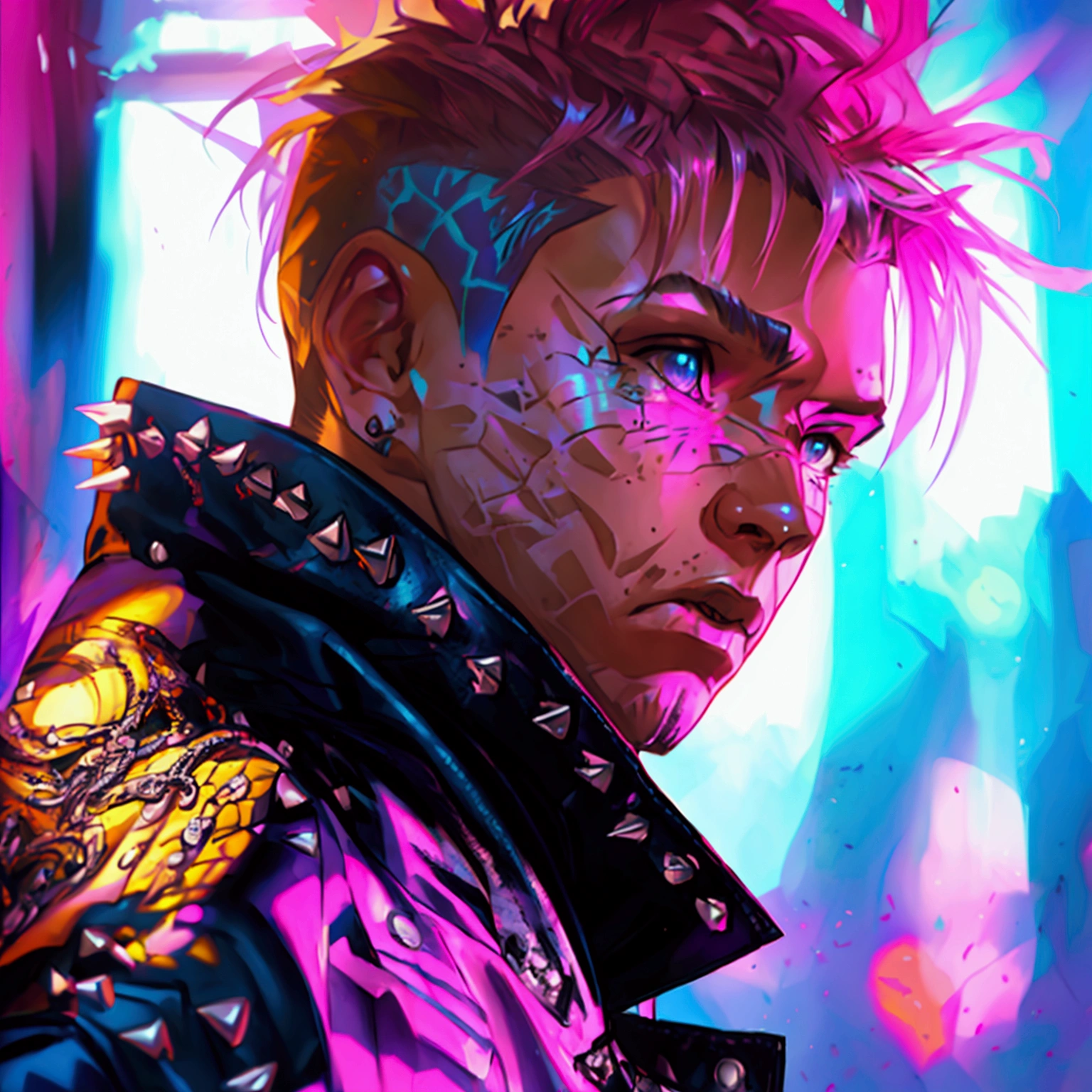 a young male with a pink and blue colored undercut, punk leather jacket with metal spikes, fingerless gloves, purple snakeskin pants, cowboy boots, detailed facial features, cinematic lighting, dramatic atmosphere, hyper-realistic, award-winning concept art, digital painting, 8k, HDR