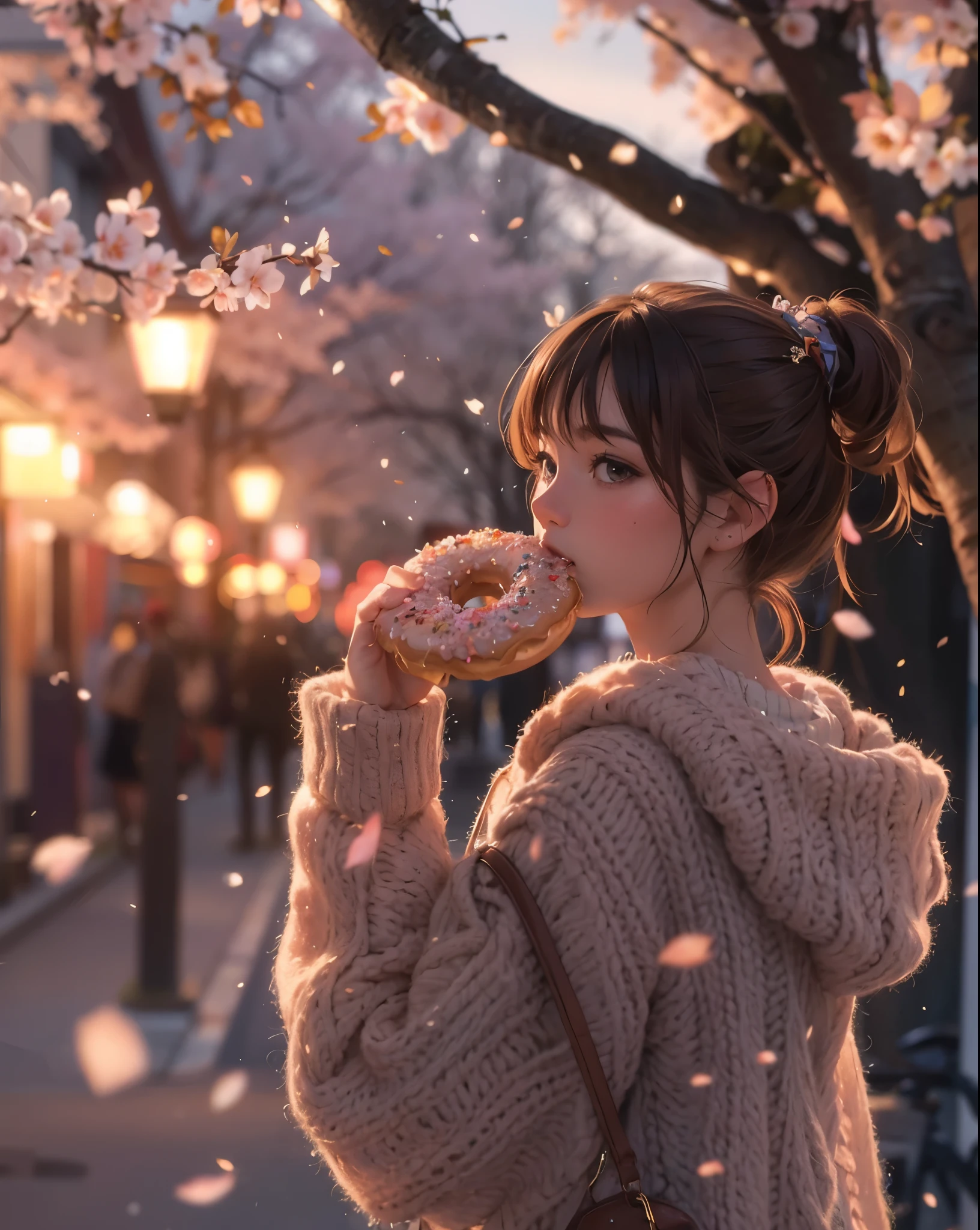 A charming image of a young woman, her face illuminated by the warm glow of ambient streetlights, savoring a large, scrumptious-looking donut. She's wearing a cozy, oversized sweater and walking along a sidewalk, where cherry blossoms are gently falling around her, creating a picturesque spring scene. The atmosphere is cozy and inviting, with the scent of blooming flowers filling the air