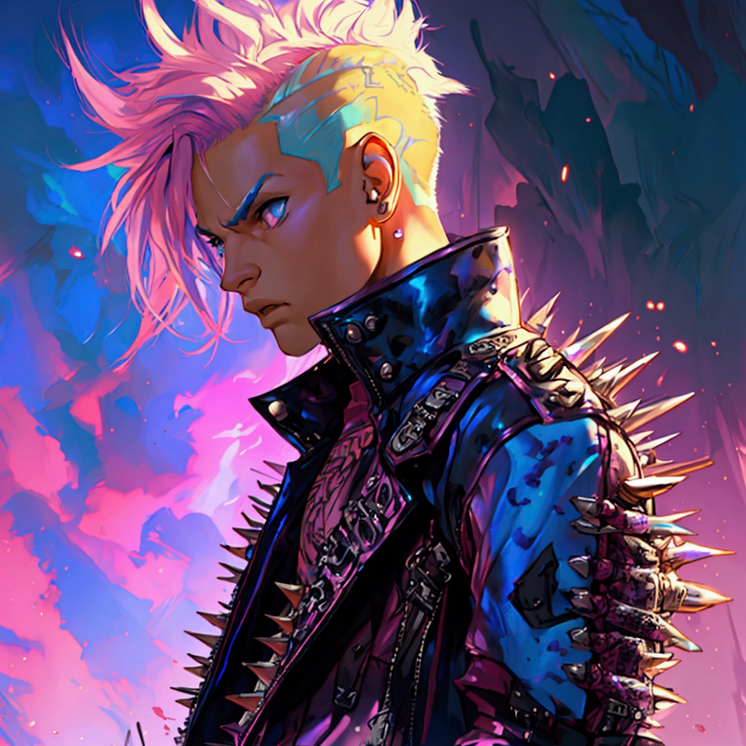 a young male with a pink and blue colored undercut, punk leather jacket with metal spikes, fingerless gloves, purple snakeskin pants, cowboy boots, detailed facial features, cinematic lighting, dramatic atmosphere, hyper-realistic, award-winning concept art, digital painting, 8k, HDR