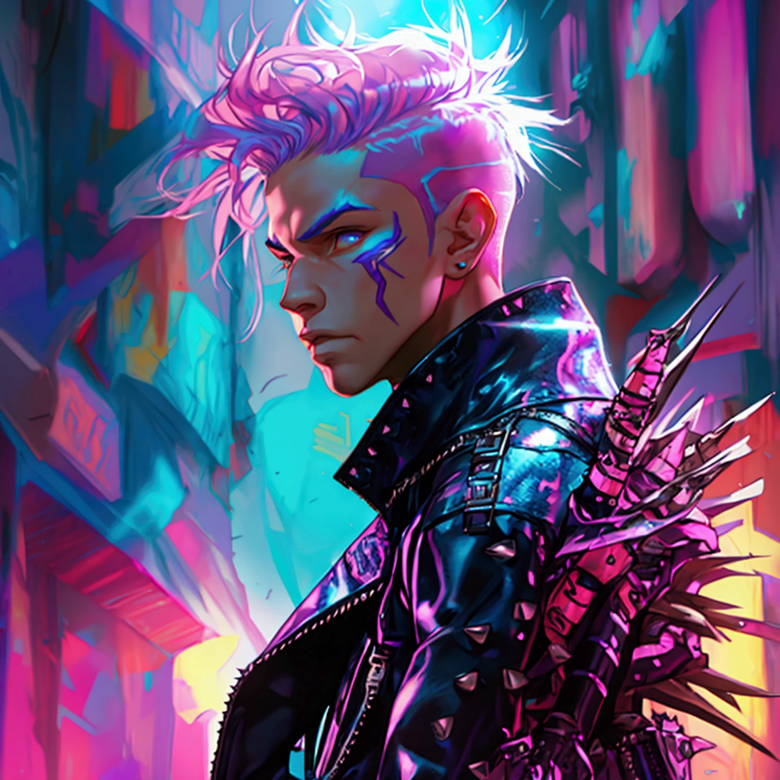 a young male with a pink and blue colored undercut, punk leather jacket with metal spikes, fingerless gloves, purple snakeskin pants, cowboy boots, detailed facial features, cinematic lighting, dramatic atmosphere, hyper-realistic, award-winning concept art, digital painting, 8k, HDR