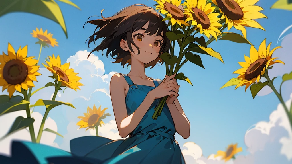 master piece, best quality, for below, cinematic angle, upper body , pigeon toed,
Anime-style Moe illustration, summer vacation theme, 20-year-old 4womans holding a bouquet of sunflowers, short hair, summer dress, slightly inner thighs, smile, accurate drawing