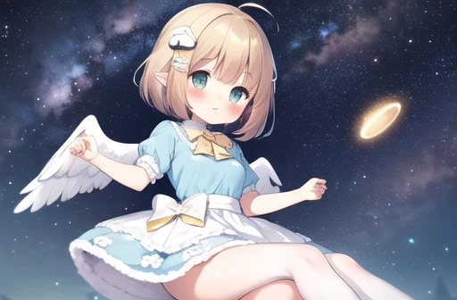 ((masterpiece, Best details, alone)), One girl, Angel, (short hair, Dark brown hair), Blunt bangs, blue eyes, (Fluffy short sleeve pastel blue ruffled dress), (Angel wings), Cloud Hair Ornament, (Sheep Girl), (Stuffed sheep), golden gate, Yellow bow tie, Peter Pan Color, whole body, white ankle socks, (Mouth closed, smile), performer, Starry sky background, ((Milky Way))