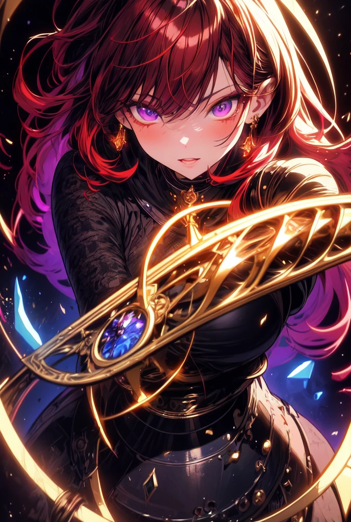 (masterpiece, best quality, ultra-detailed, best shadow), (detailed background,dark fantasy), (beautiful detailed face), high contrast, (best illumination, an extremely delicate and beautiful), ((cinematic light)), colorful, hyper detail, dramatic light, intricate details, (1girl, solo,red hair, sharp face,purple eyes, hair between eyes,dynamic angle), blood splatter, swirling black light around the character, depth of field,black light particles,(broken glass),magic circle,