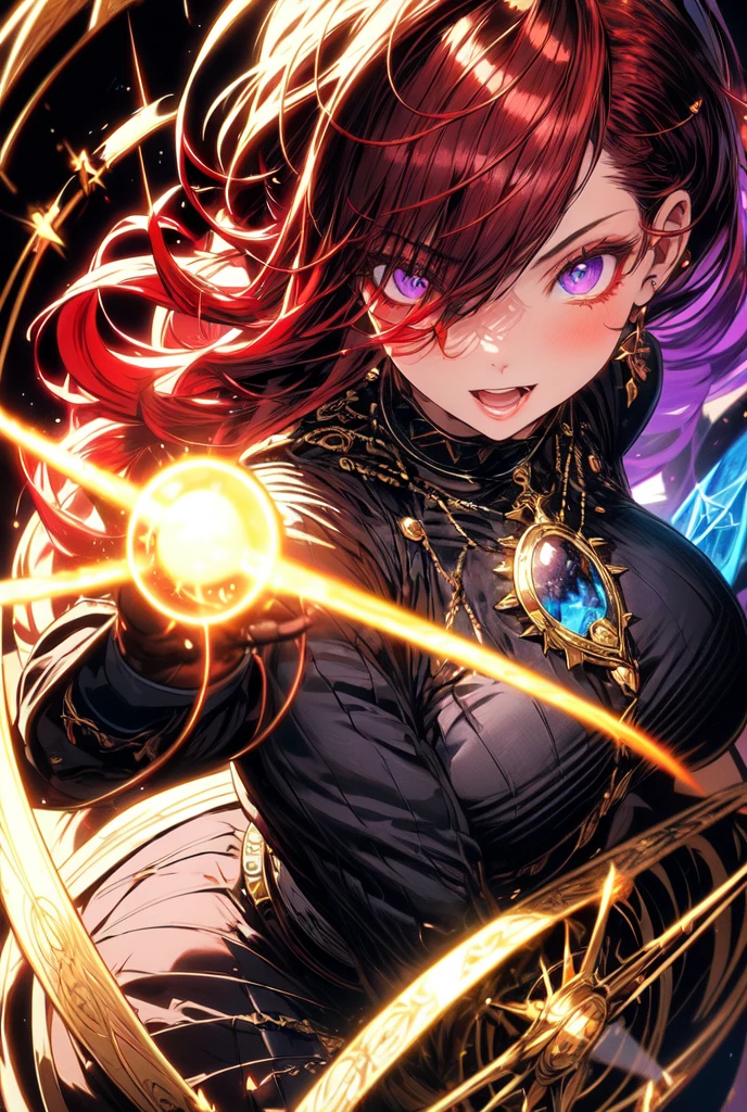 (masterpiece, best quality, ultra-detailed, best shadow), (detailed background,dark fantasy), (beautiful detailed face), high contrast, (best illumination, an extremely delicate and beautiful), ((cinematic light)), colorful, hyper detail, dramatic light, intricate details, (1girl, solo,red hair, sharp face,purple eyes, hair between eyes,dynamic angle), blood splatter, swirling black light around the character, depth of field,black light particles,(broken glass),magic circle,