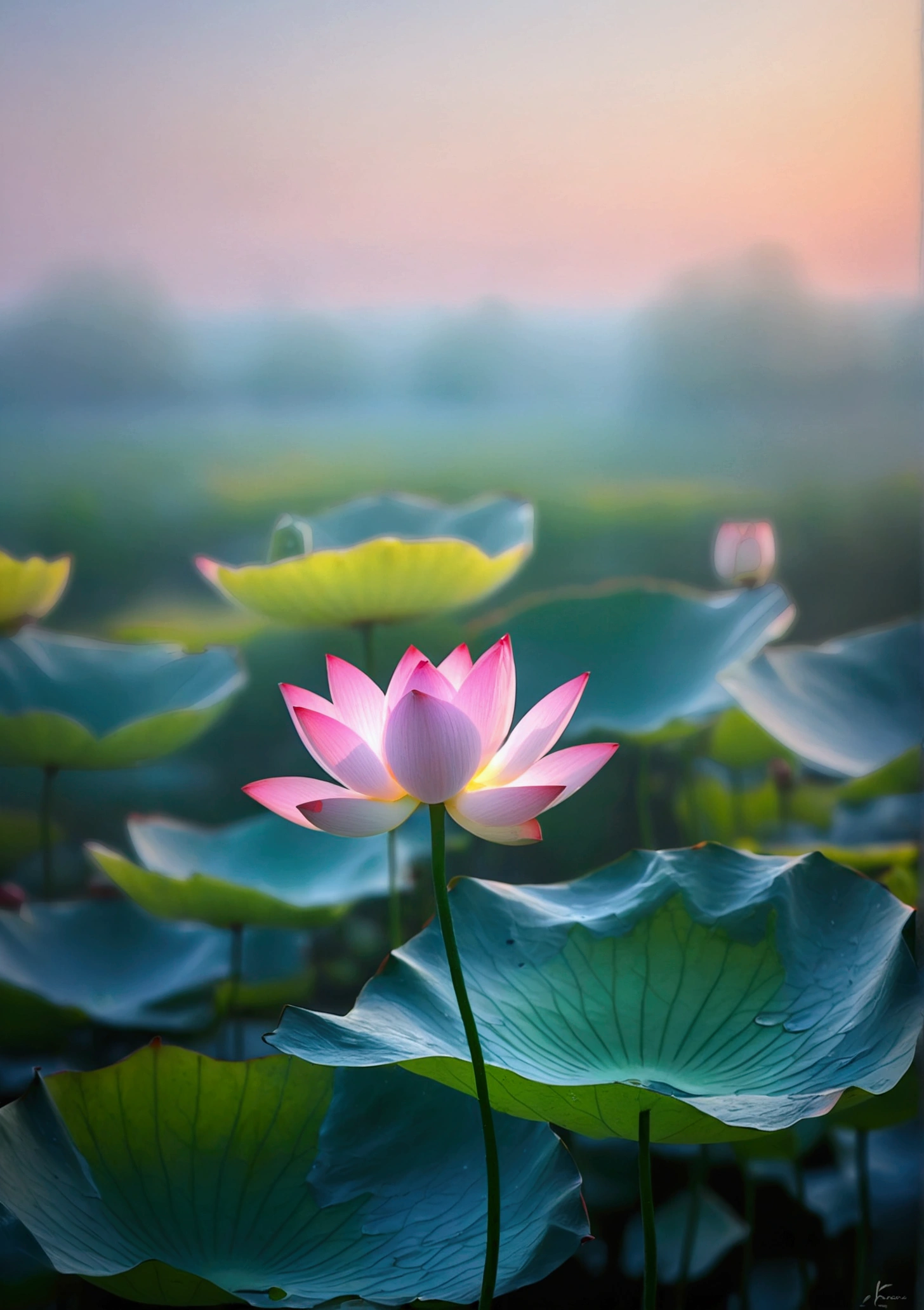 A very beautiful little lotus close-up，Background is sunset and fog，Background blur，Real photography,Fresh and natural picture，best quality, high resolution
