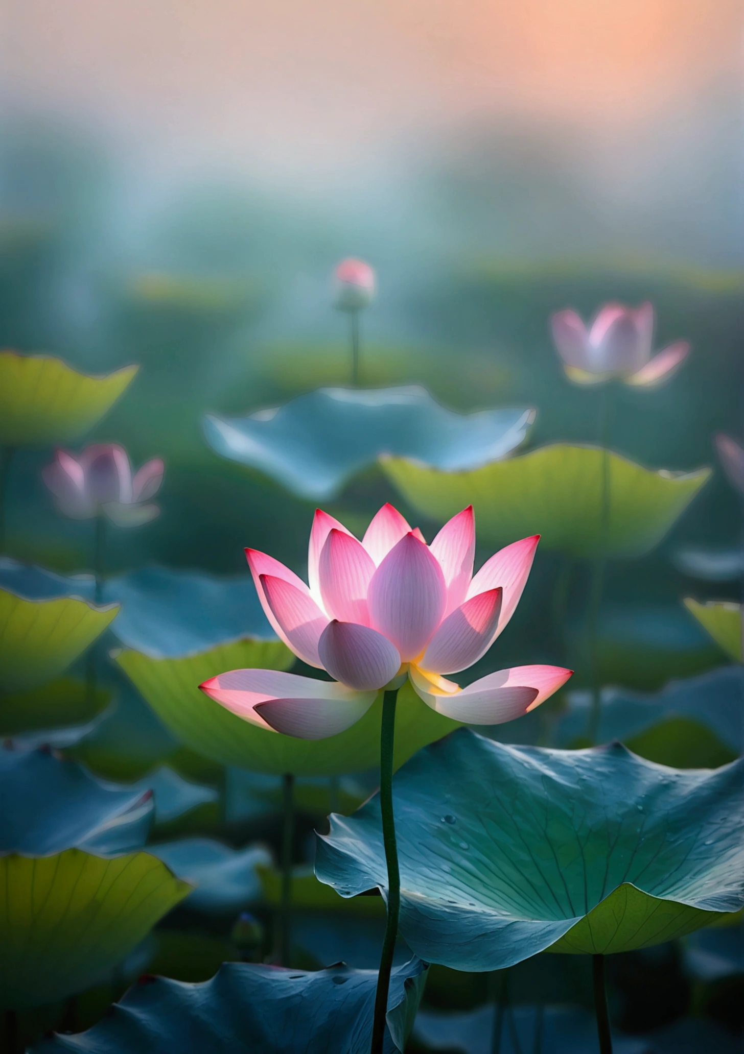A very beautiful little lotus close-up,Background is sunset and fog,Background blur,Real photography,Fresh and natural picture,best quality, high resolution
