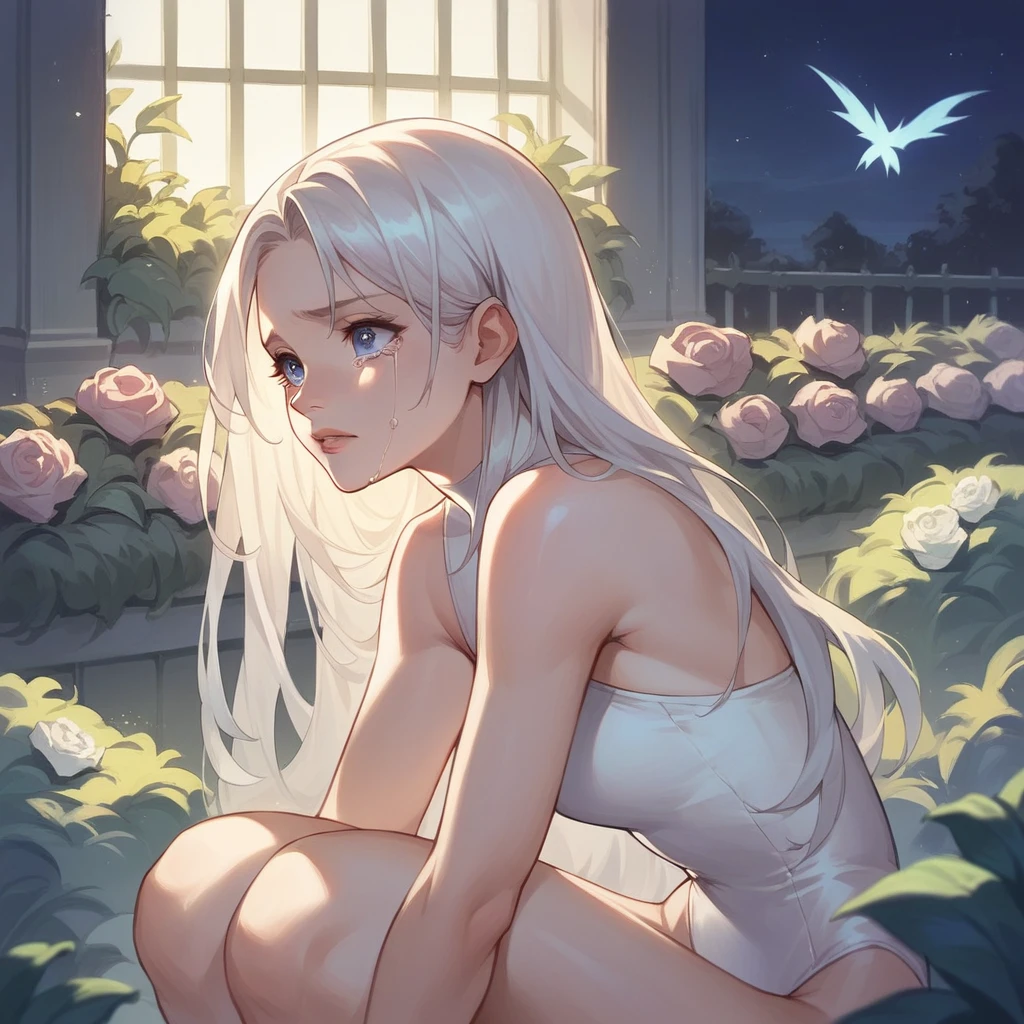 anime, masterpiece, high quality, 1girl, garden, night, nighlights, white long hair, blue eyes side view, lips, tears, white leotard, bare shoulder, cleavege, sitting