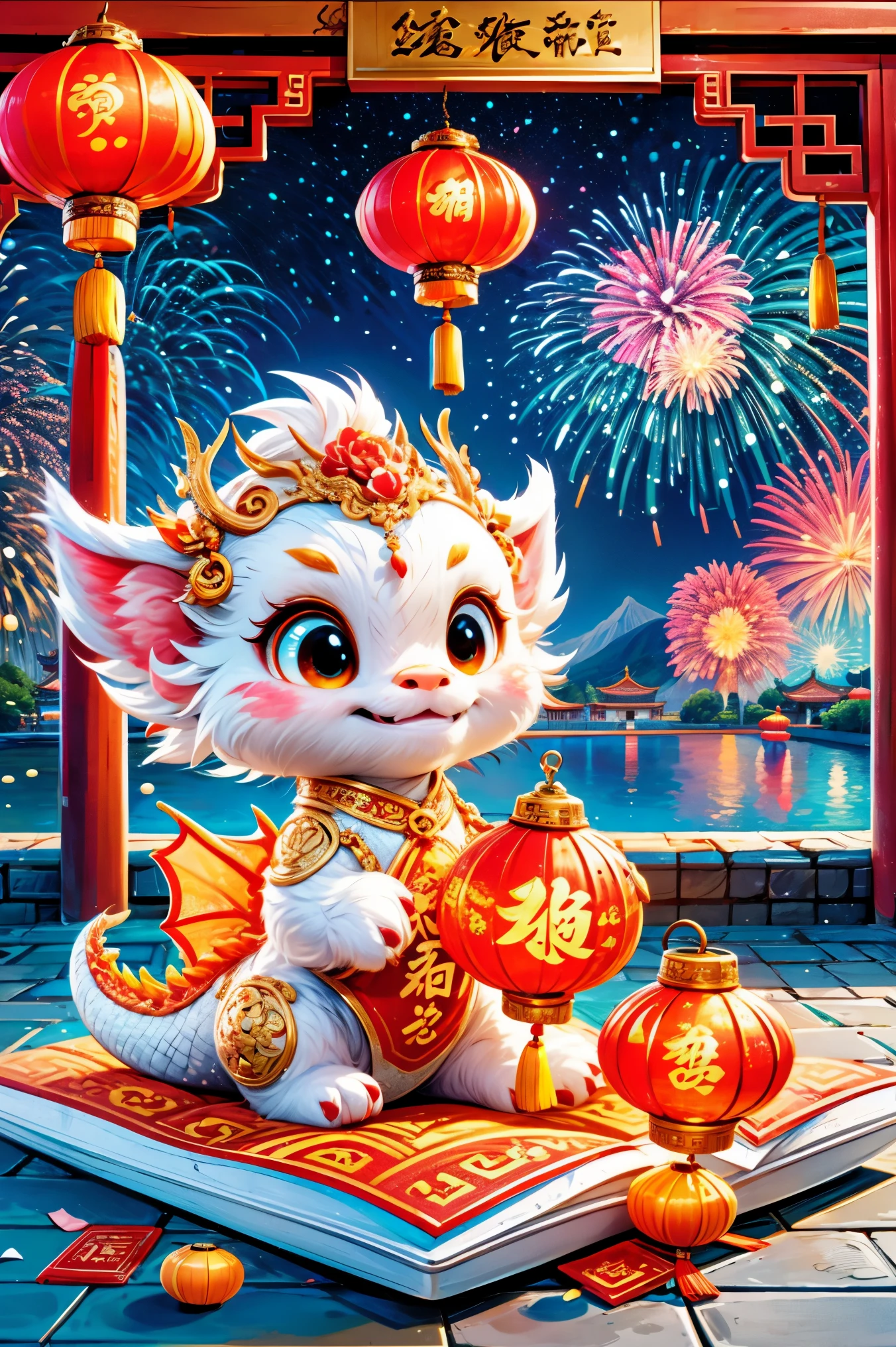 1 Chinese dragon，[(Chinese Palace Background:1.5)::5]，Medium shot，Chinese style，Spring Festival，lamp，fireworks，fireworks，flower scent，stone fragments，Beautiful and delicate water，moorish floor，cute chinese dragon